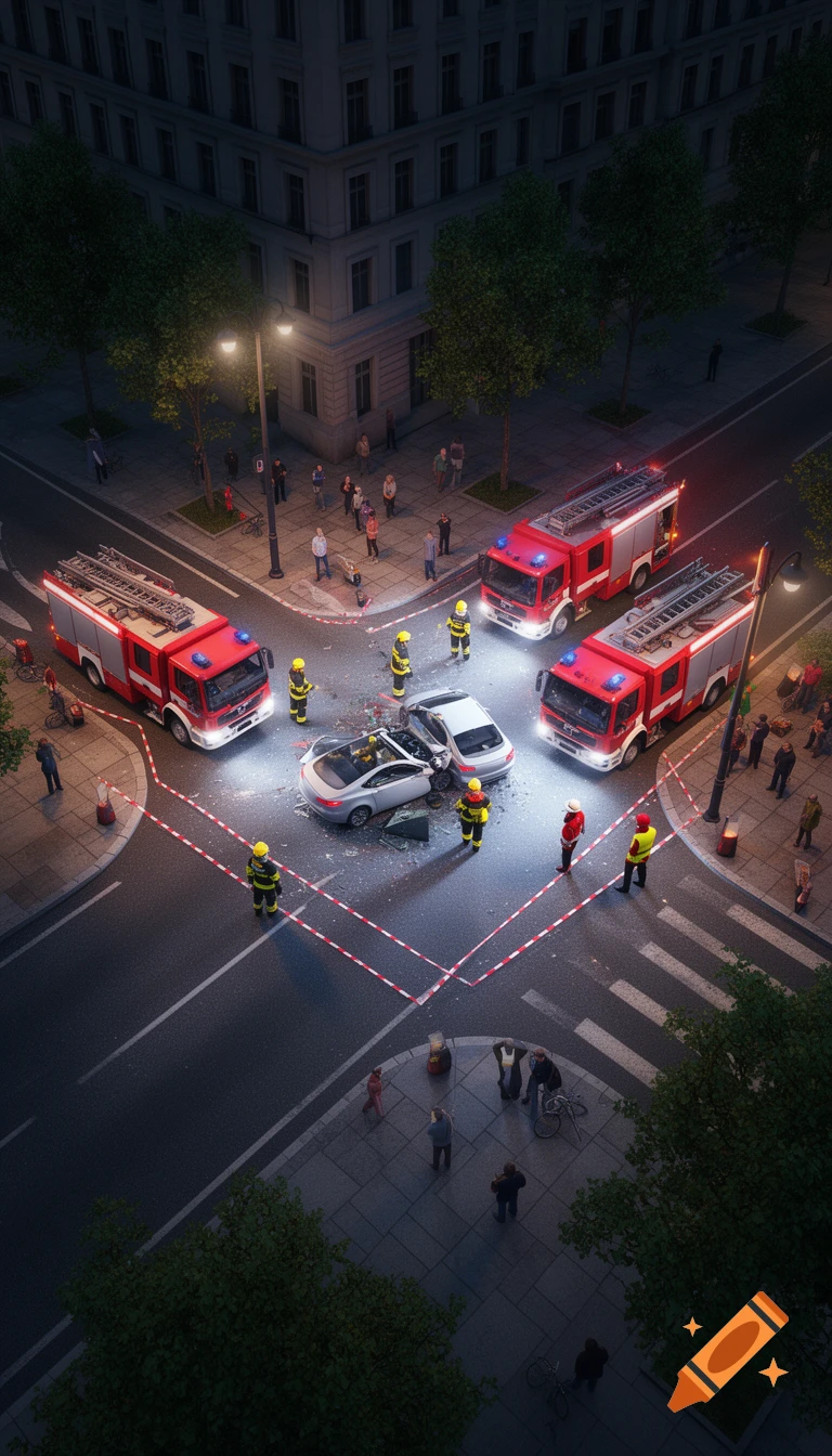 Aerial 3D render of a city intersection at night with a car crash, three fire trucks, firefighters, and onlookers behind a safety perimeter.