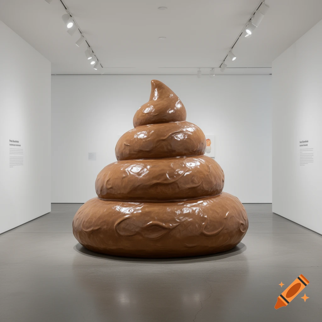 A large, brown, coiled sculpture resembling a pile of feces stands in the center of a brightly lit, minimalist art gallery.