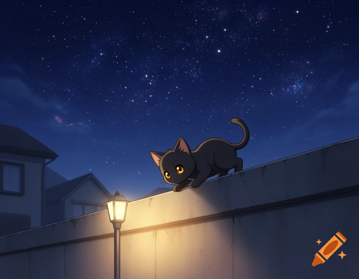 Anime black cat with yellow eyes crawling on a wall at night, illuminated by a lamppost under a starry sky.
