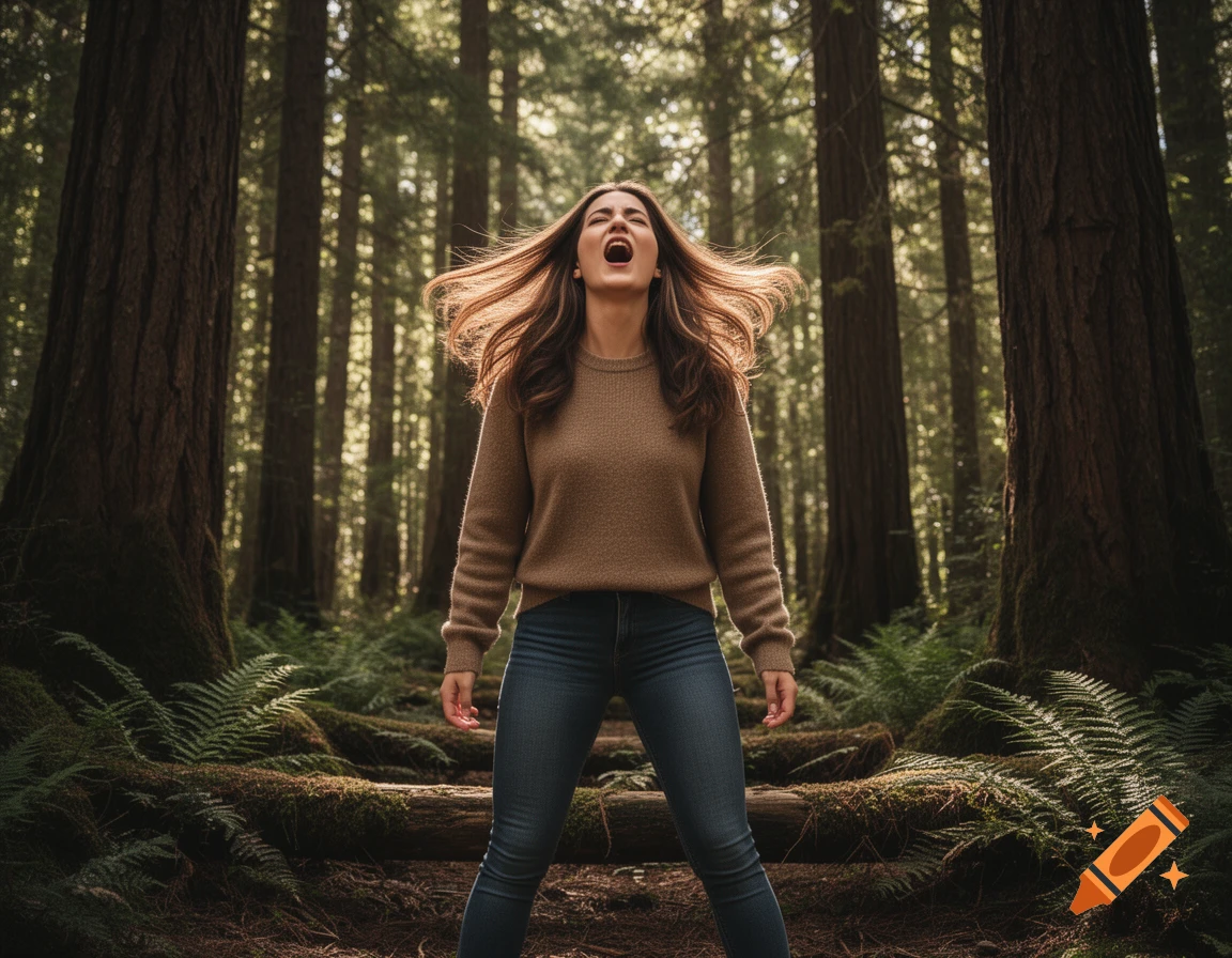 A young woman with long brown hair screams upwards in a dense, sunlit forest, surrounded by tall trees and ferns. Photorealistic.