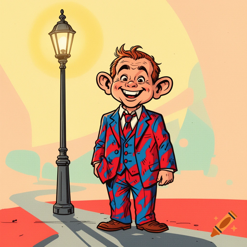A smiling cartoon character with large ears, resembling Alfred E. Neuman, stands by a lamppost wearing a red and blue patterned suit.