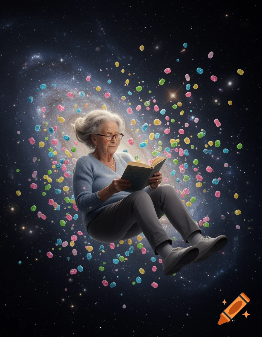 A photorealistic image of an elderly woman with white hair and glasses, floating in space while reading a book. Colorful candies float around her, and a galaxy swirls in the background.