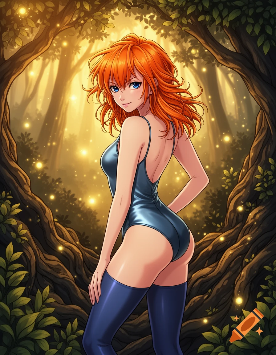Anime woman with orange hair and blue eyes, wearing a backless leotard and thigh-highs, posing in an enchanted forest with glowing lights.