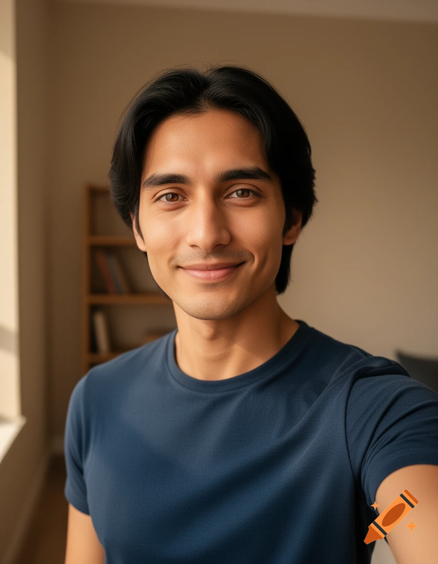 A young man with dark hair smiles, taking a selfie in a blue t-shirt with a blurred bookshelf behind him.