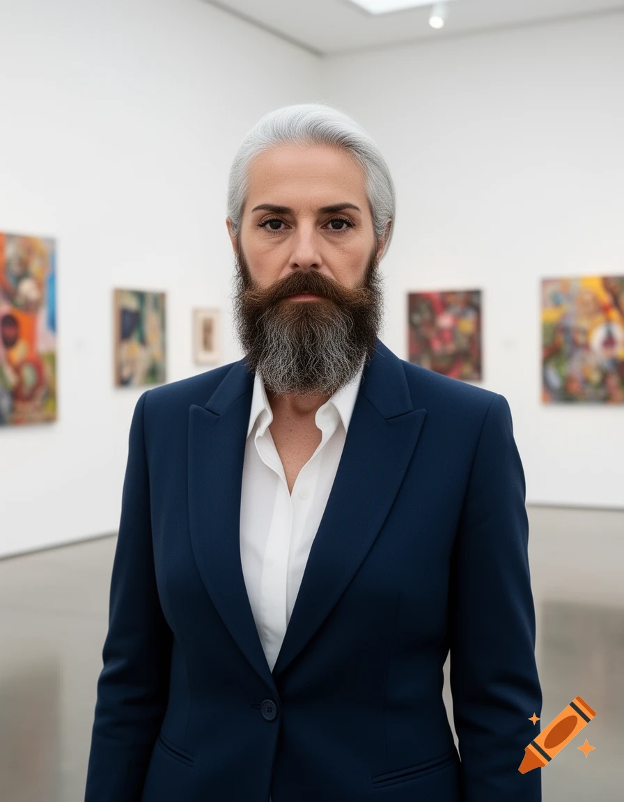 Photorealistic portrait of a woman with grey hair and a full beard, wearing a navy suit, standing in an art gallery.