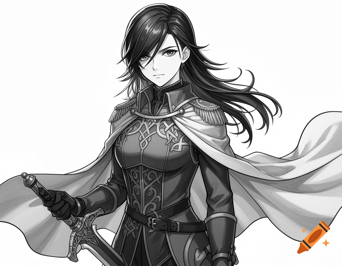 Black and white anime illustration of a serious woman in a military uniform with a flowing cape, holding a sword.