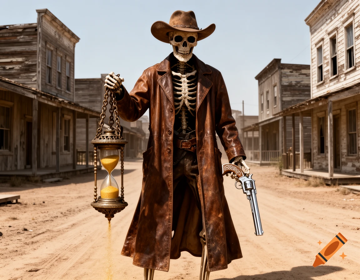 A photorealistic skeleton cowboy stands in an old Western town, holding an hourglass and a revolver.