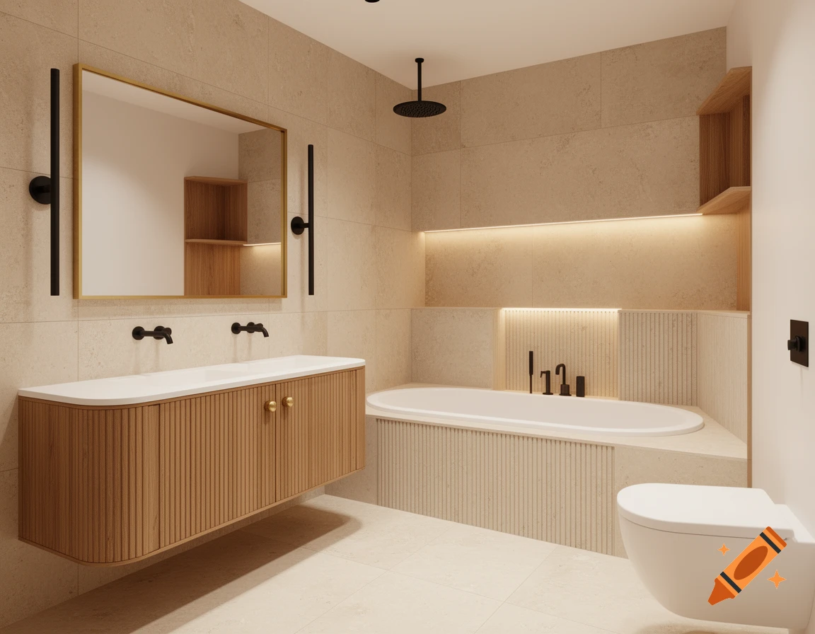 Photorealistic luxury Scandinavian bathroom with a floating oak vanity, brass-framed mirror, oval bathtub, and wall-hung toilet.