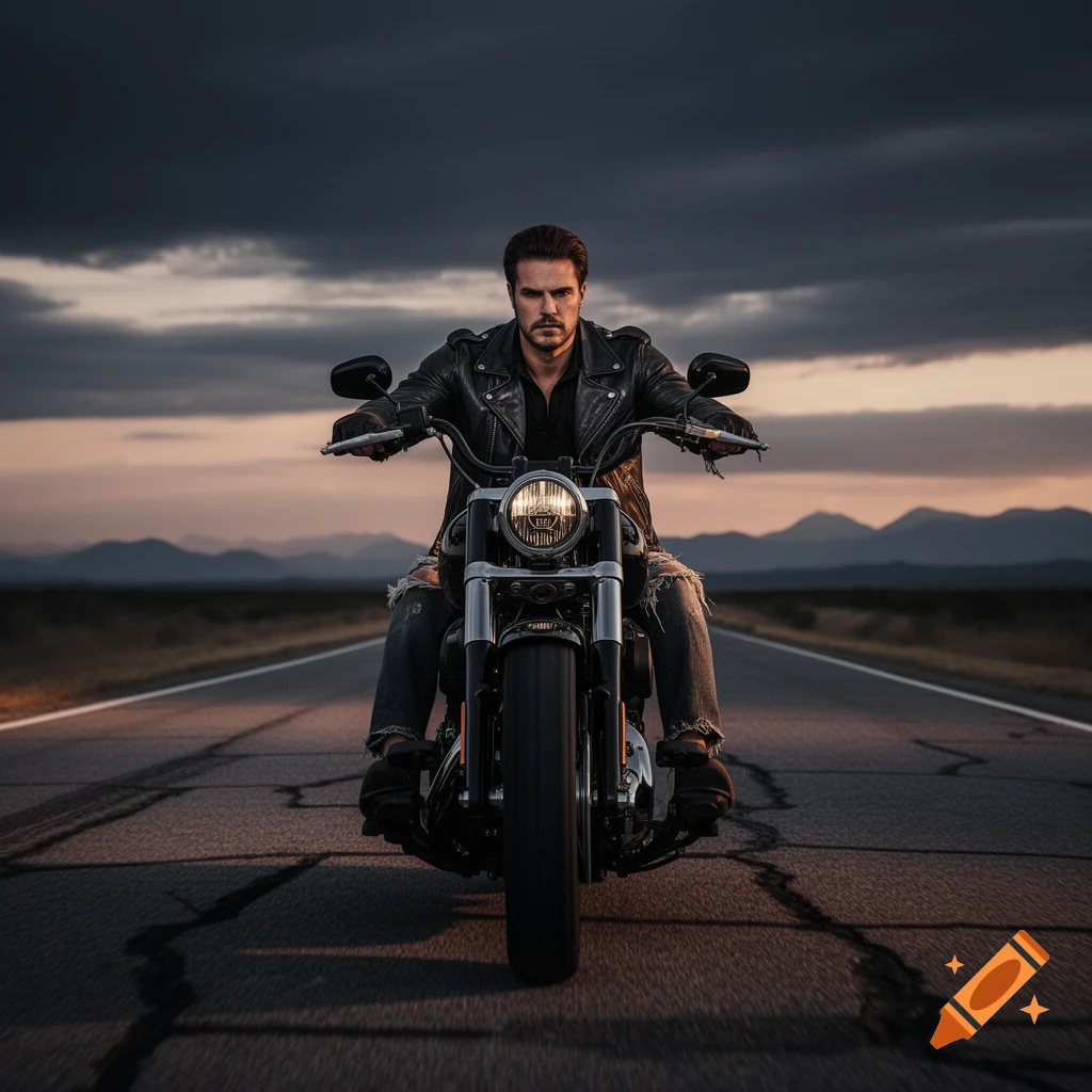 A man in a leather jacket rides a black Harley-Davidson motorcycle on a desolate road at dusk.