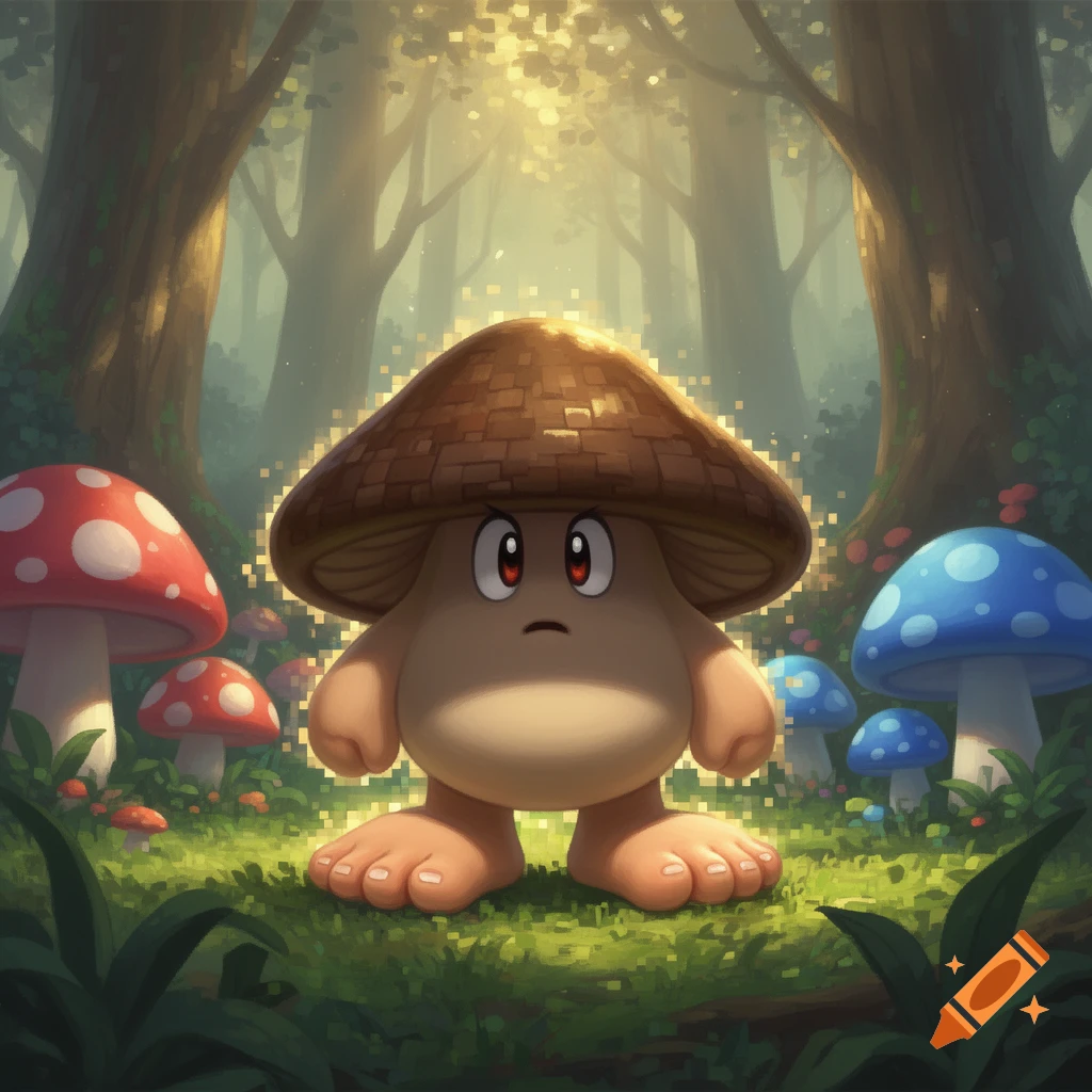 A cute, barefoot mushroom character with a brown cap and red eyes stands in a magical forest surrounded by colorful mushrooms.