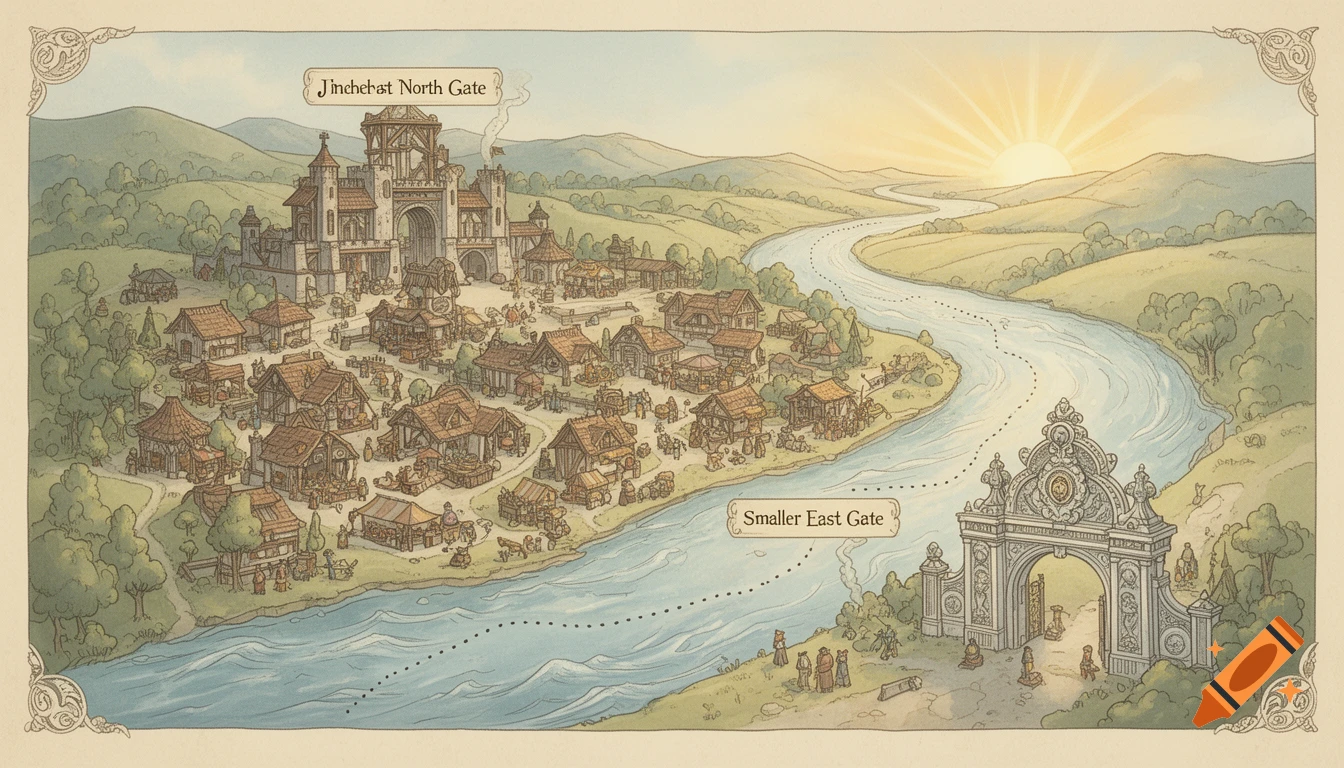Storybook line map of a medieval village kingdom with two gates, a river, and a sunrise over rolling hills.