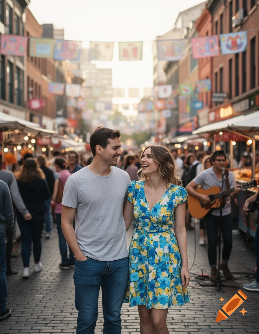 A smiling couple walks arm-in-arm down a bustling, sunlit cobblestone street market adorned with colorful banners.