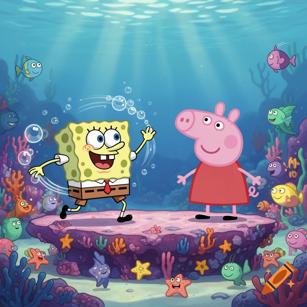 SpongeBob SquarePants and Peppa Pig stand on a rock in a vibrant underwater coral reef filled with cartoon fish.