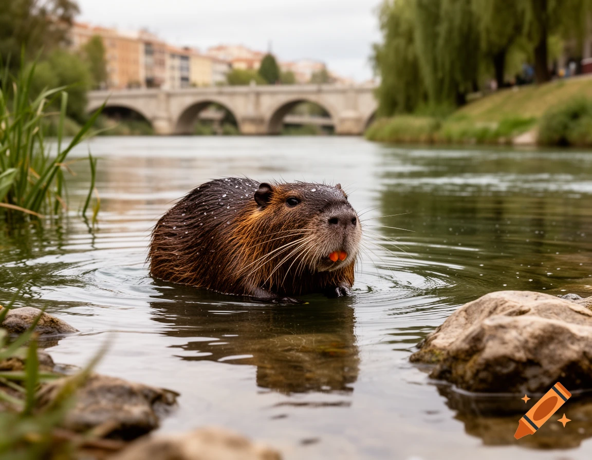 A wet nutria with orange teeth swims in a river with a stone bridge and city buildings in the blurred background.