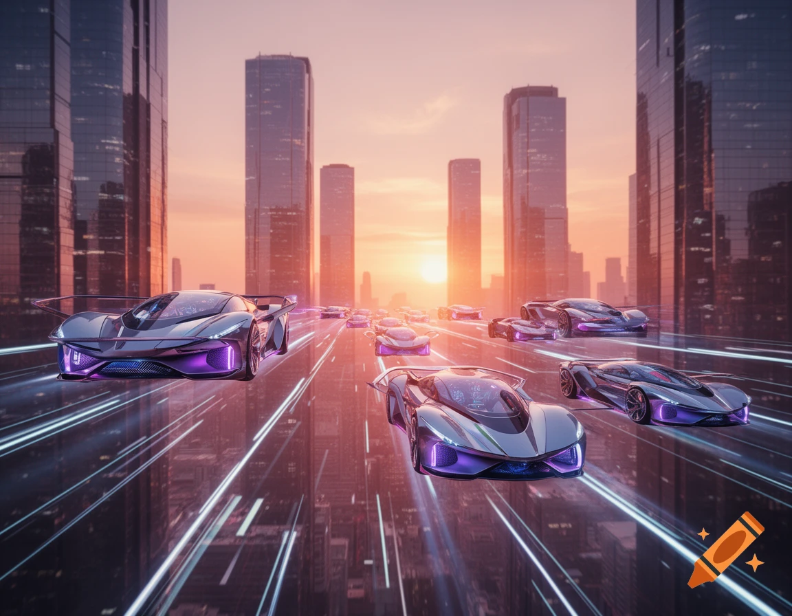 Futuristic flying cars with neon lights race on a glowing urban road between skyscrapers at sunset.