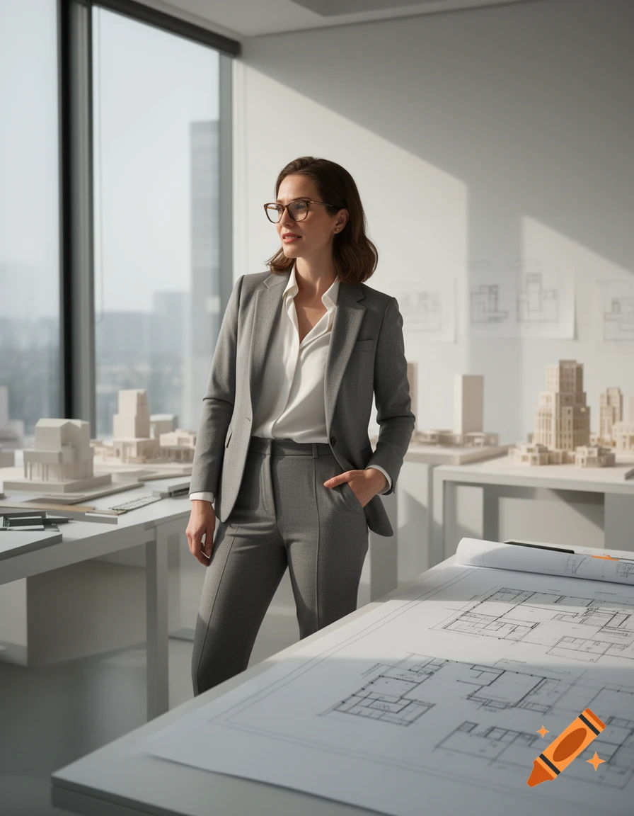 A stylish woman in a grey suit and glasses stands confidently in an architect's office with models and blueprints.