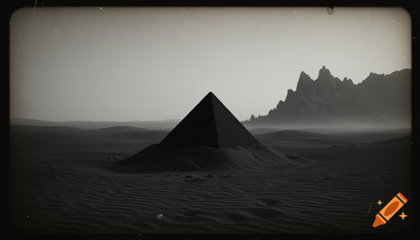 A dark, vintage photo of a black pyramid half-buried in a desert with rippled sand and jagged mountains under a hazy sky.