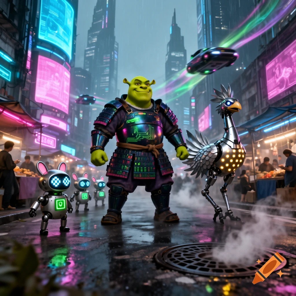 Samurai Shrek stands on a rainy cyberpunk city street, flanked by a robotic chocobo and small robotic moogles, under neon lights.