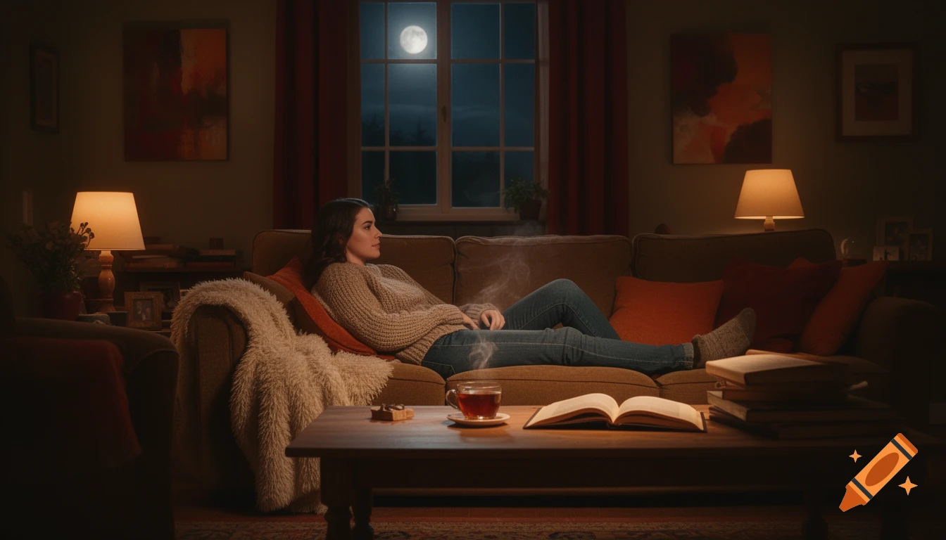 A woman relaxes on a sofa in a dimly lit living room with a full moon visible outside. Tea and an open book are on the coffee table. Photorealistic.