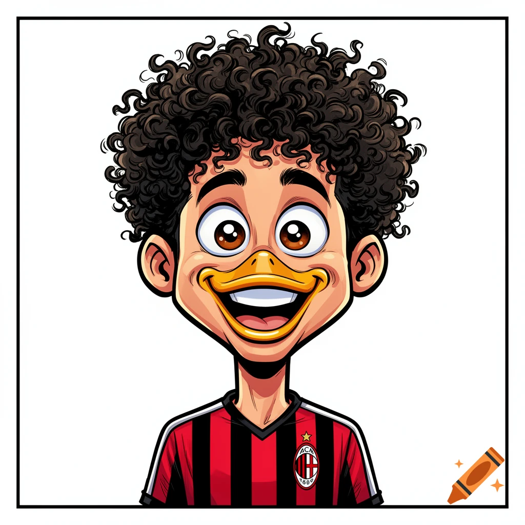 A cartoon caricature of a boy with curly hair, big eyes, and a yellow duck bill for a mouth, wearing a red and black striped AC Milan soccer jersey.
