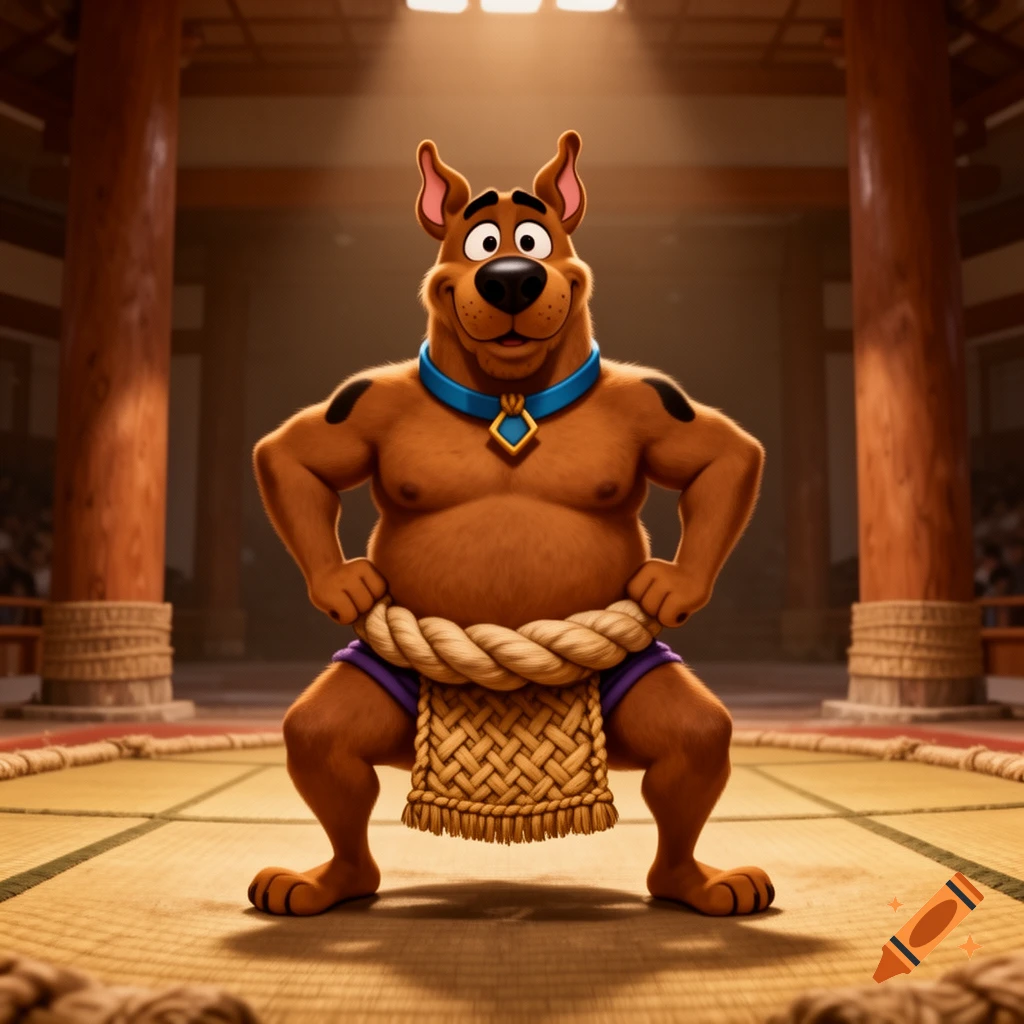 Scooby-Doo as a muscular sumo wrestler in a mawashi, standing in a sumo ring with wooden pillars and tatami mats.