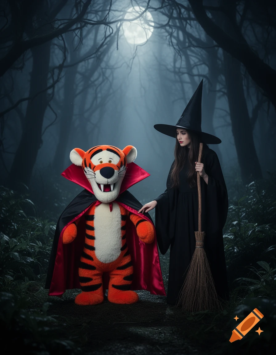 A witch and a Tigger-like vampire stand in a dark, misty forest under a full moon.
