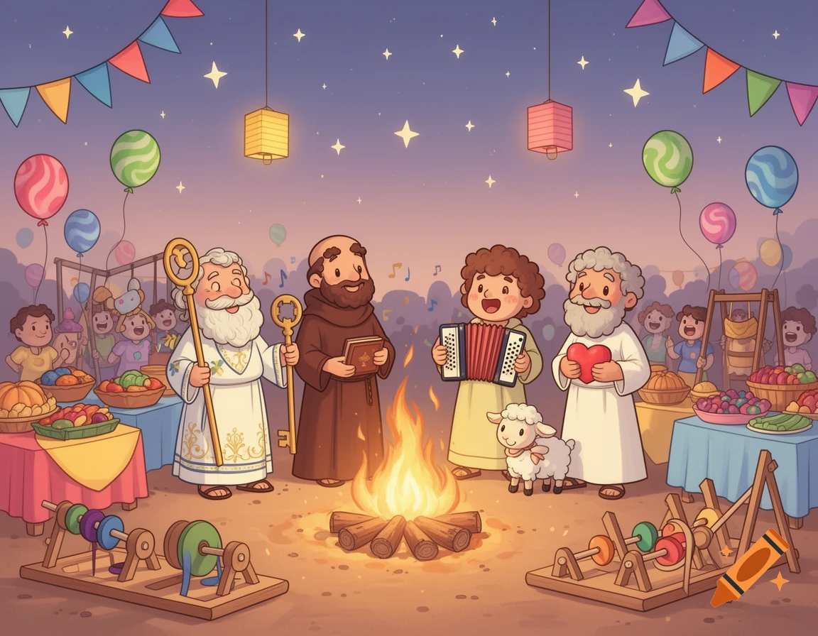 Cartoon of saints celebrating Festa Junina with a bonfire, music, balloons, and market stalls.