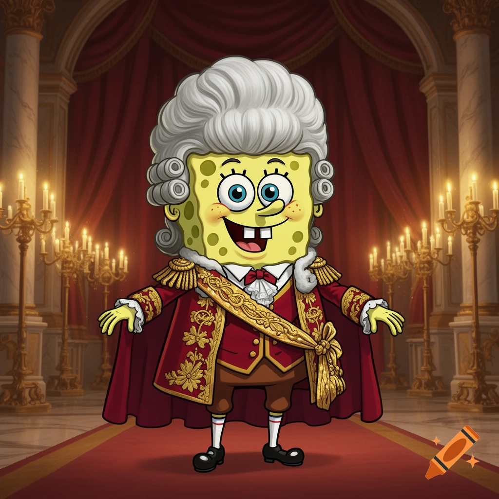 Spongebob Squarepants wearing a powdered wig and a red royal 1700s British king's costume, standing in a grand hall.