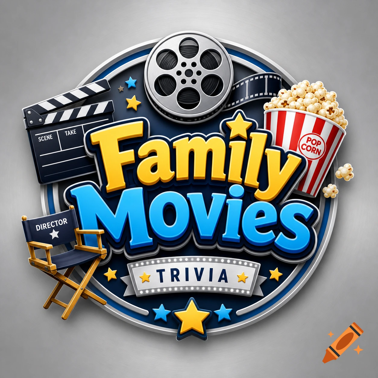 A vibrant 3D logo for "Family Movies Trivia" featuring a film reel, clapboard, director's chair, and popcorn bucket on a metallic background.