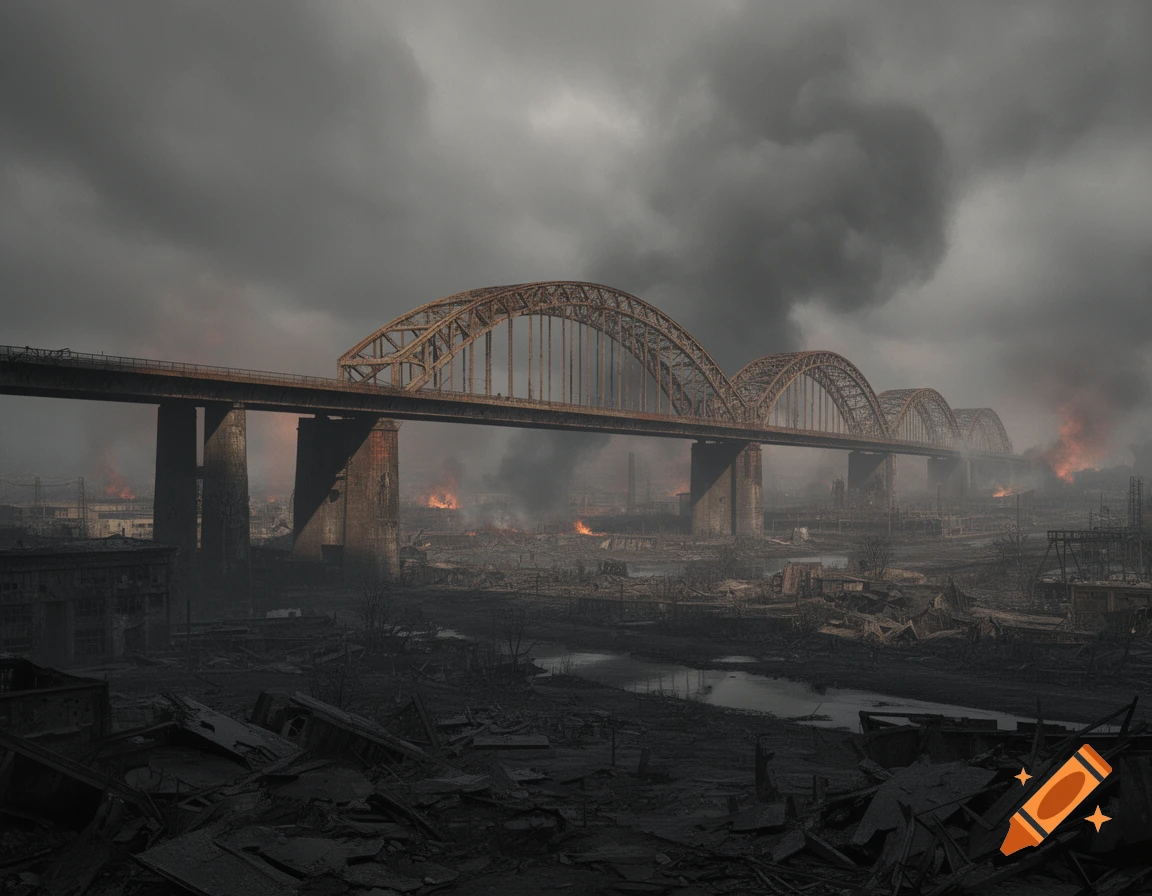A massive, rusty arched bridge spans a war-torn, apocalyptic city engulfed in smoke and fire under a dark sky.