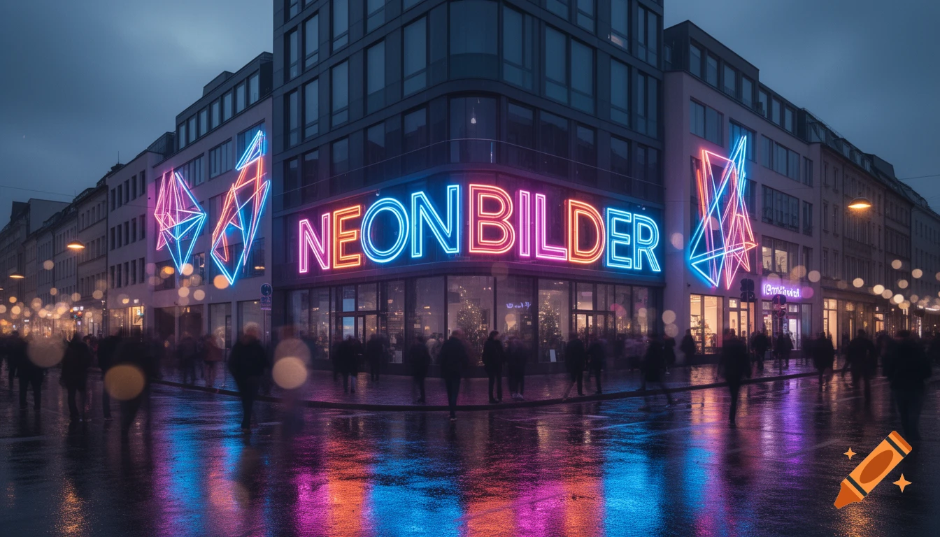 A vibrant night cityscape with a corner building featuring a large 'NEONBILDER' sign and abstract neon art, reflected on a wet street with blurred people.