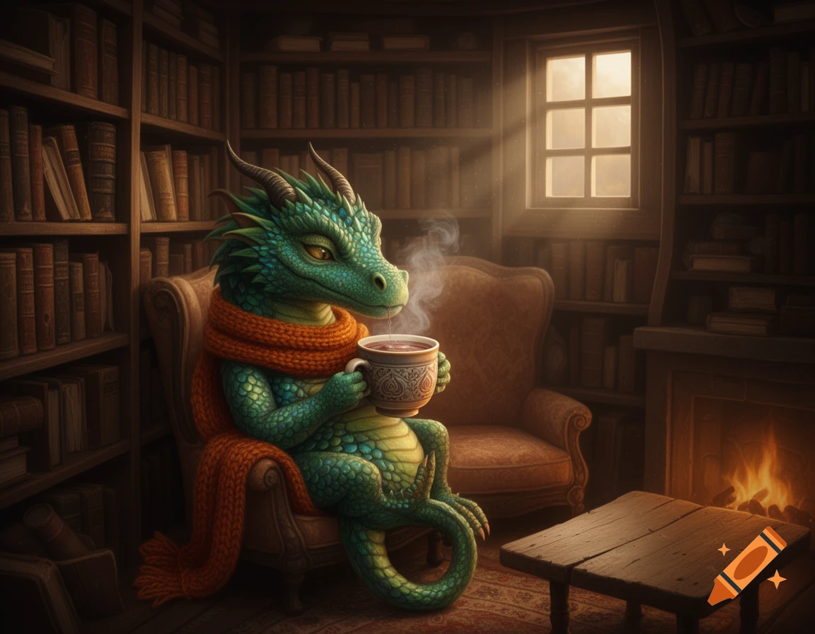 A green dragon in an orange scarf sits in a cozy library armchair, drinking from a steaming mug, with bookshelves and a sunny window in the background.