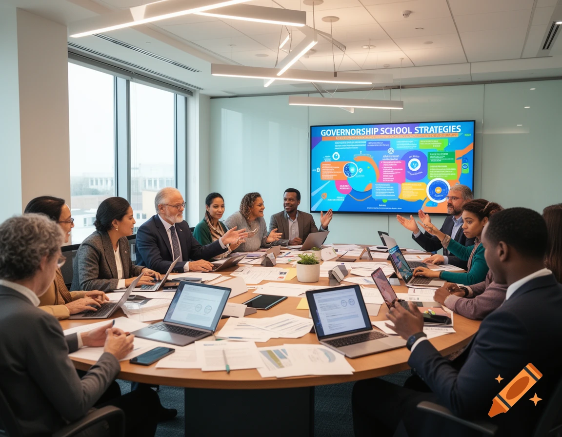 Diverse professionals gather around a large table in a modern conference room, discussing strategies displayed on a screen.