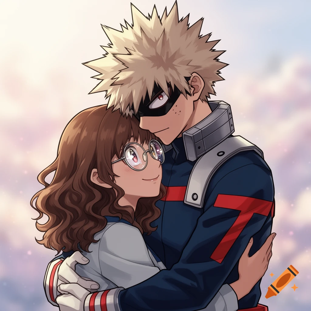 Anime illustration of Katsuki Bakugo hugging a brown-haired girl in glasses, against a soft cloudy background.