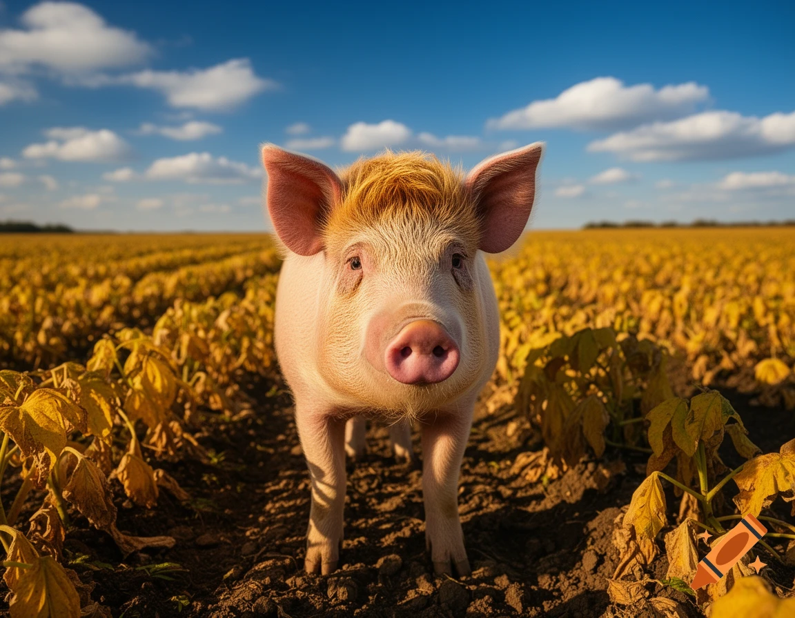 A photorealistic piglet with reddish-blonde hair stands in a sunny golden field under a blue, cloudy sky.