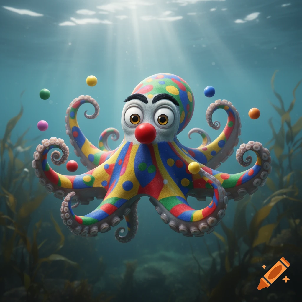 A colorful cartoon octopus clown with a red nose and polka dots juggles balls underwater with kelp in the background, sunlight filtering from above.