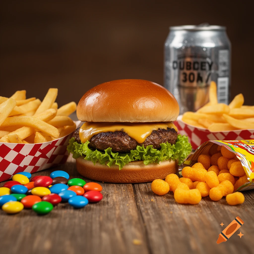 A photorealistic image of a cheeseburger, fries, soda can, cheese puffs, and colorful candies on a wooden table.