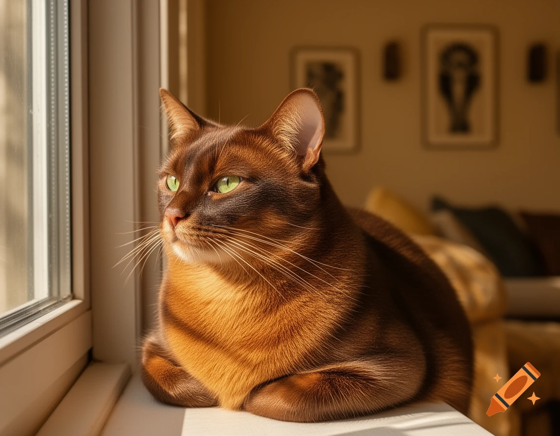 A photorealistic brown cat with striking green eyes sits by a window, bathed in sunlight, looking out.