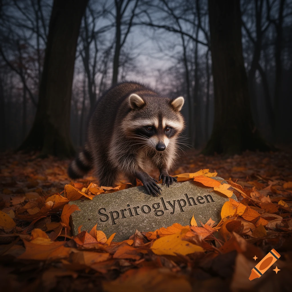 A photorealistic raccoon stands over a stone with text, surrounded by orange autumn leaves in a dark forest.