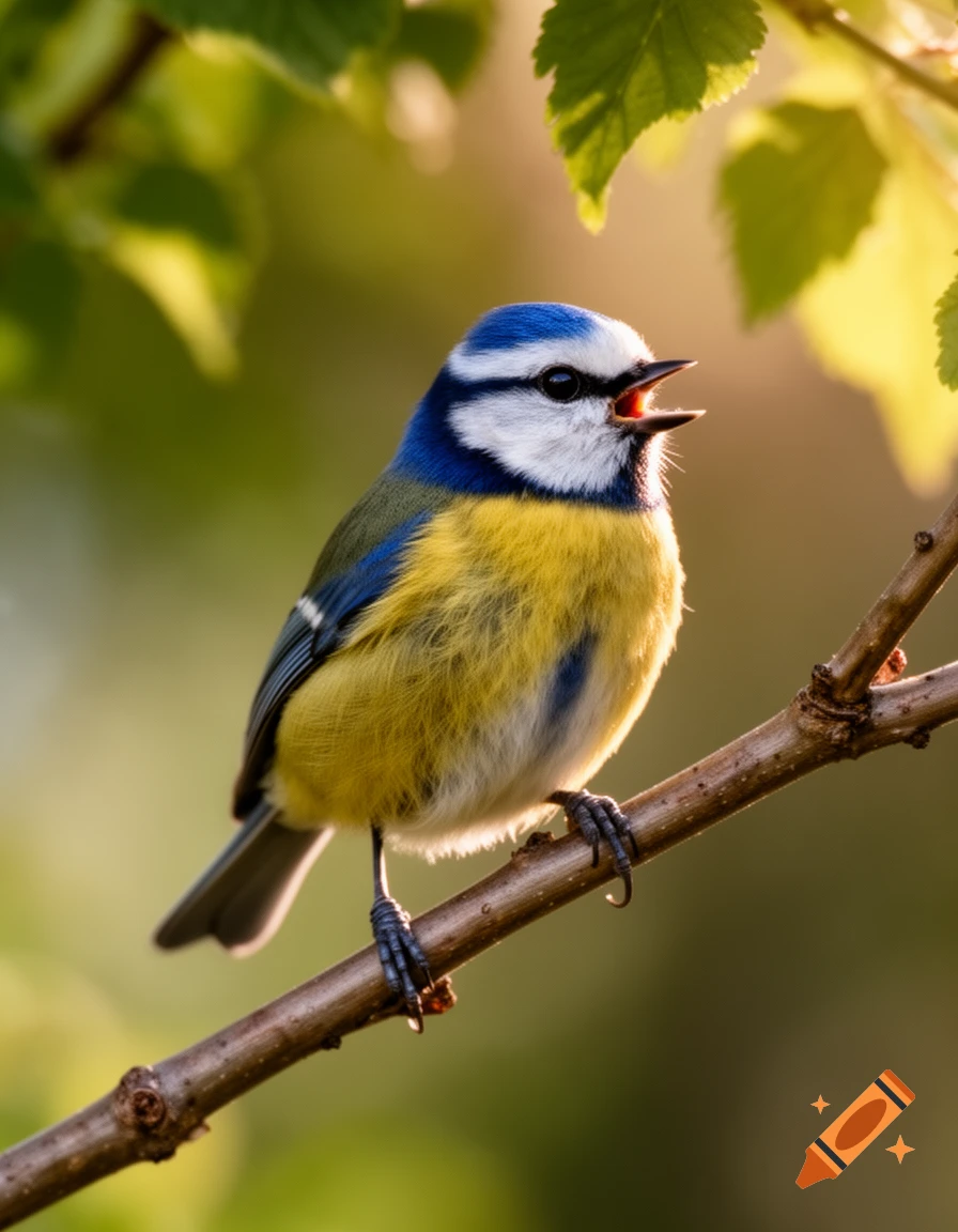 A vibrant blue tit bird perched on a branch, its beak open as if singing, against a soft, sunlit green background.