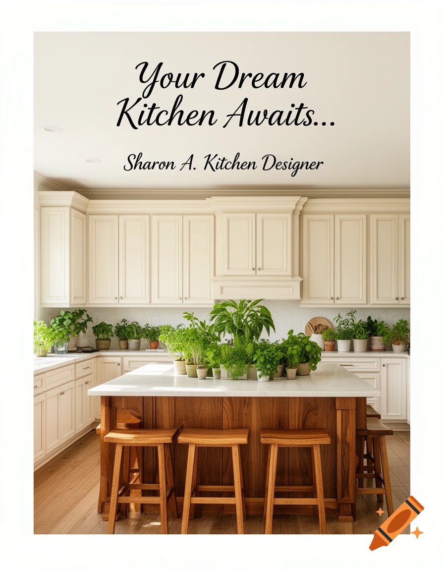 Photorealistic image of a modern kitchen with off-white cabinets, a wooden island with stools, plants, and text "Your Dream Kitchen Awaits... Sharon A. Kitchen Designer".