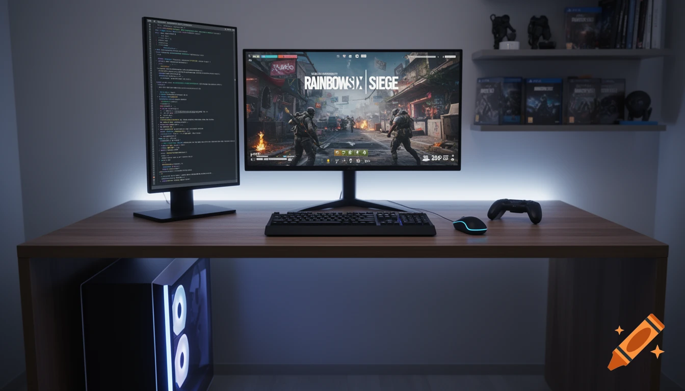A gaming setup with a horizontal monitor showing "Rainbow Six Siege" and a vertical monitor with code, a keyboard, mouse, and PS5 controller on a wooden desk with blue ambient lighting.