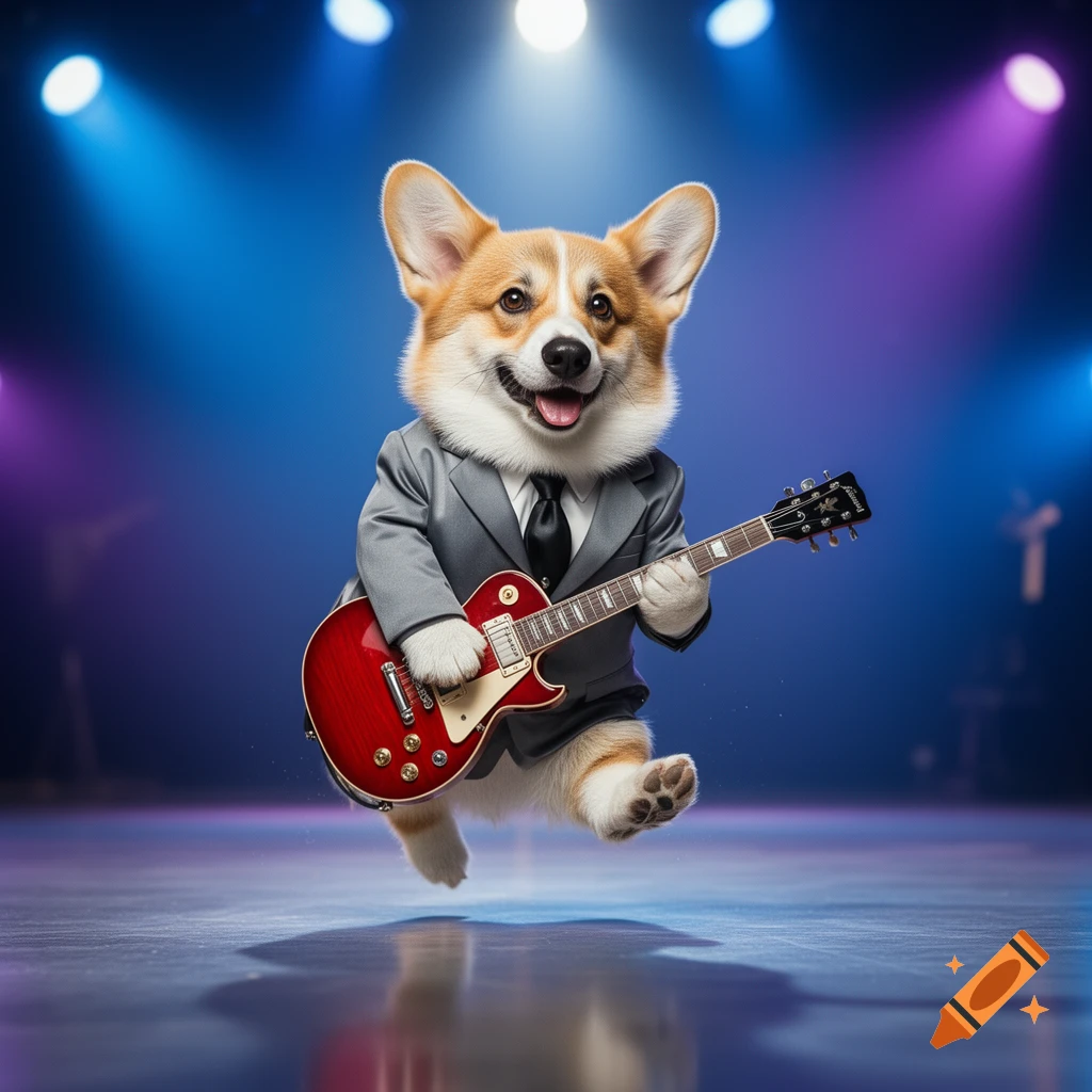 A photorealistic corgi in a gray suit jumps while playing a red electric guitar on a stage lit by blue and purple spotlights.
