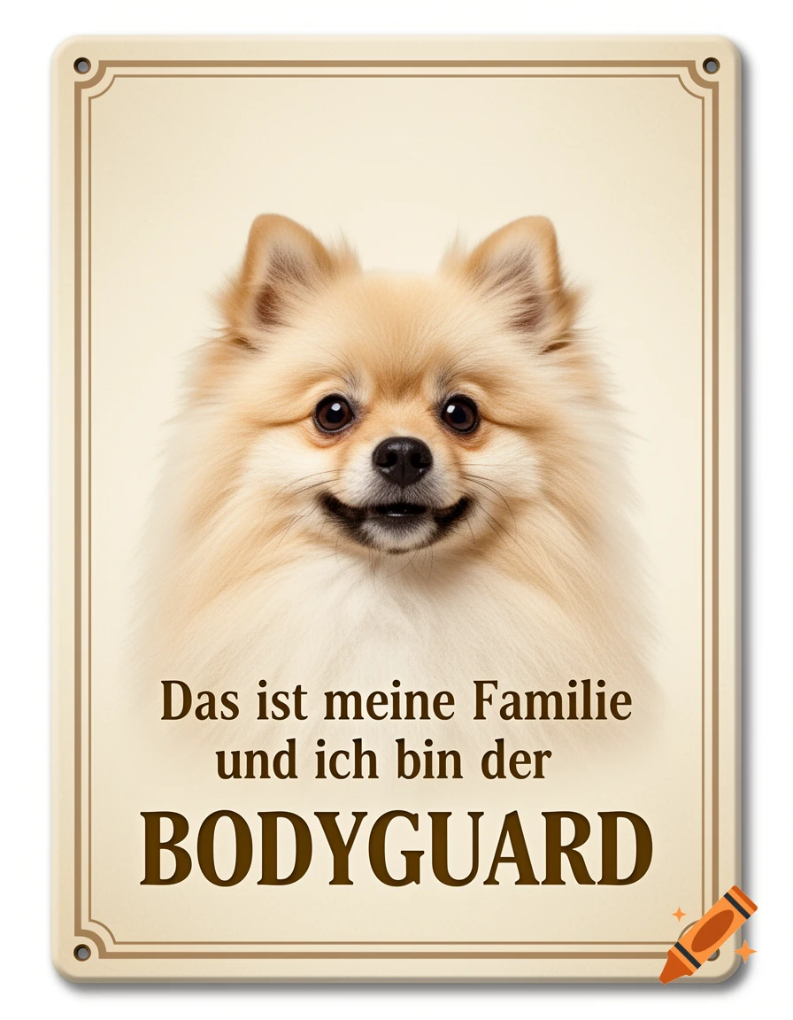 A decorative sign featuring a fluffy, cream-colored Pomeranian dog with a friendly face. German text reads 'Das ist meine Familie und ich bin der BODYGUARD'.