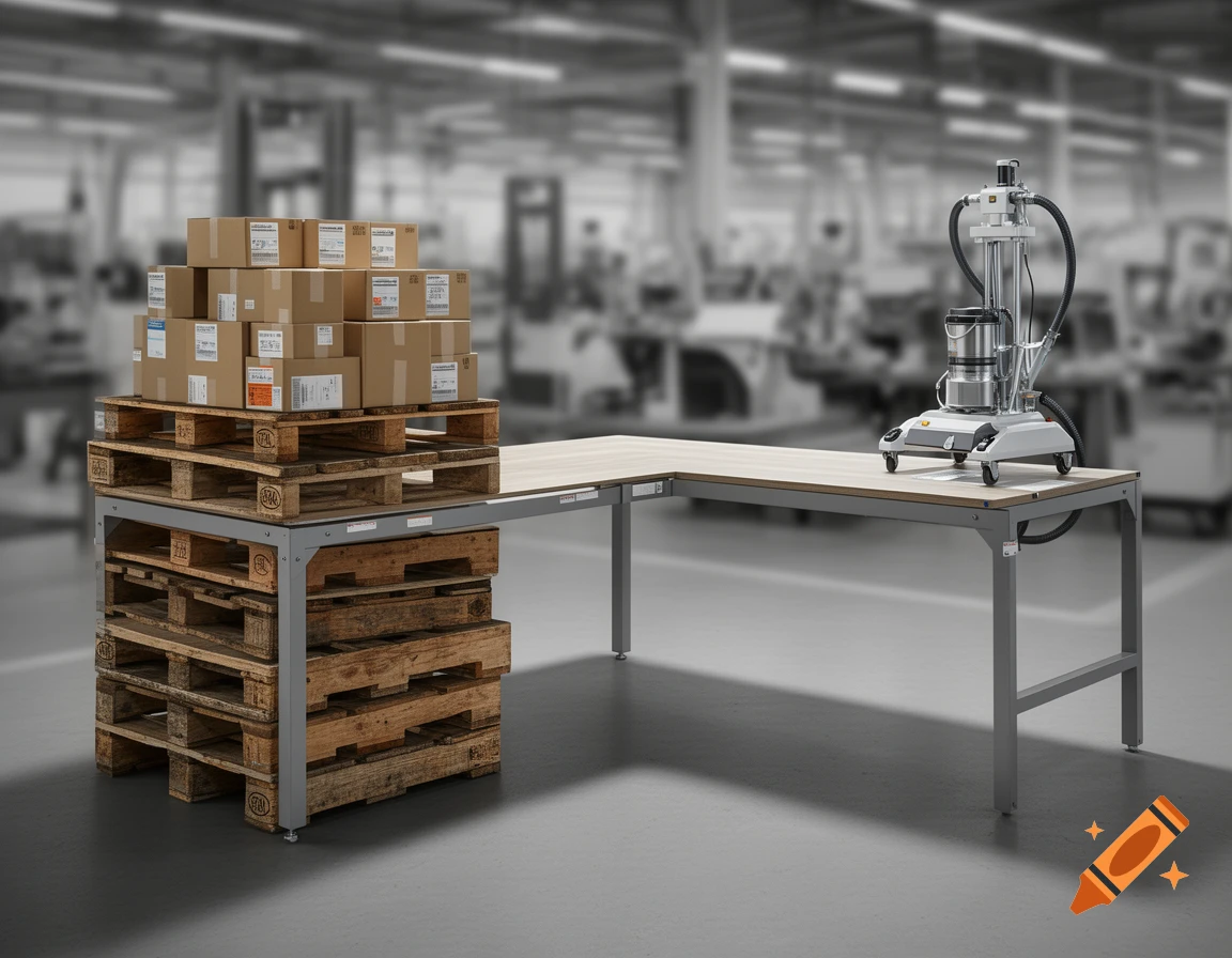 An L-shaped workbench with a mobile vacuum lifter on the right. On the left, stacked wooden pallets with cardboard boxes are visible.