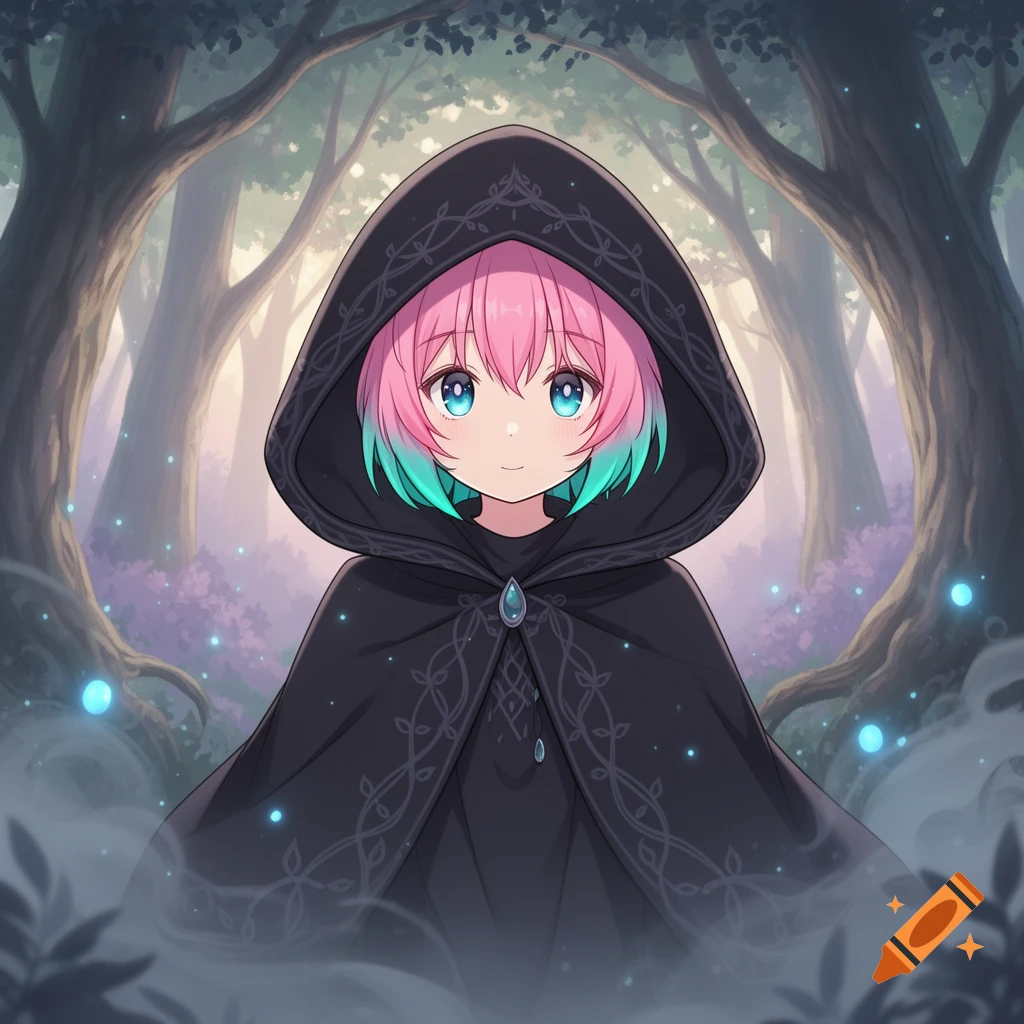 Anime illustration of a cute girl with pink and turquoise hair in a dark hooded cloak, standing in a mystical forest with glowing orbs.