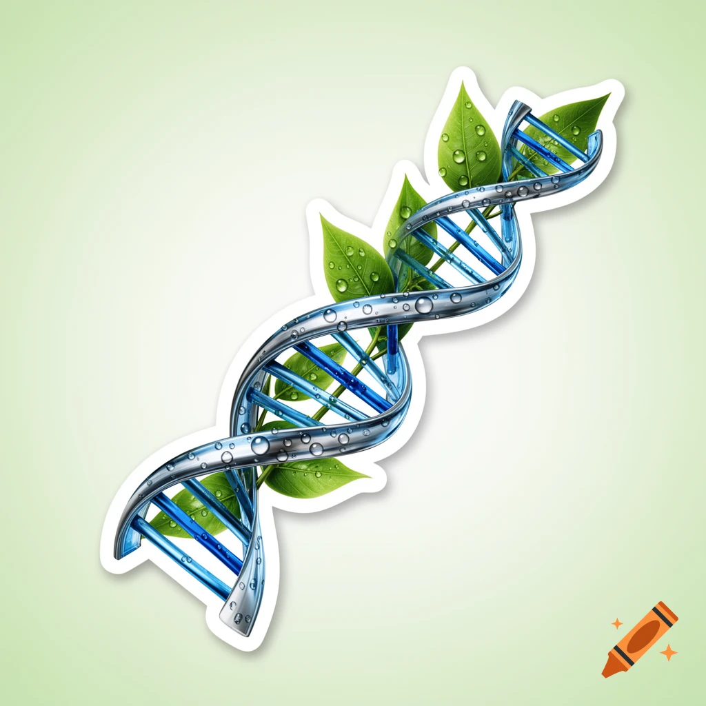 A glossy blue and silver DNA helix entwined with dewy green leaves, designed as a biotechnology sticker illustration.