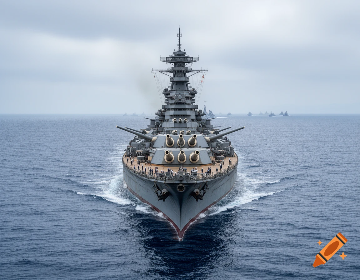 A large grey battleship sails on the open ocean under a cloudy sky, with several other ships visible in the distance.