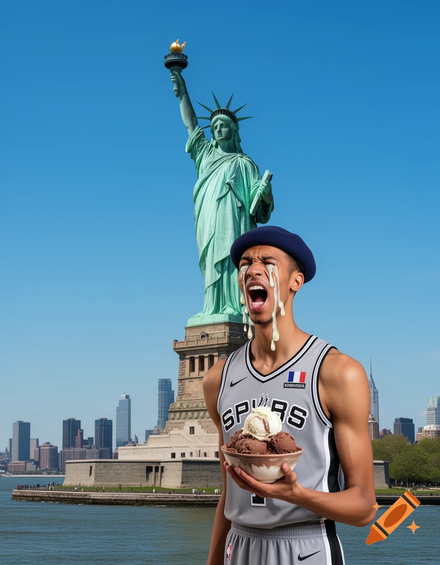 A man in a San Antonio Spurs jersey and a beret cries thick white tears into a bowl of ice cream, with the Statue of Liberty in the background.