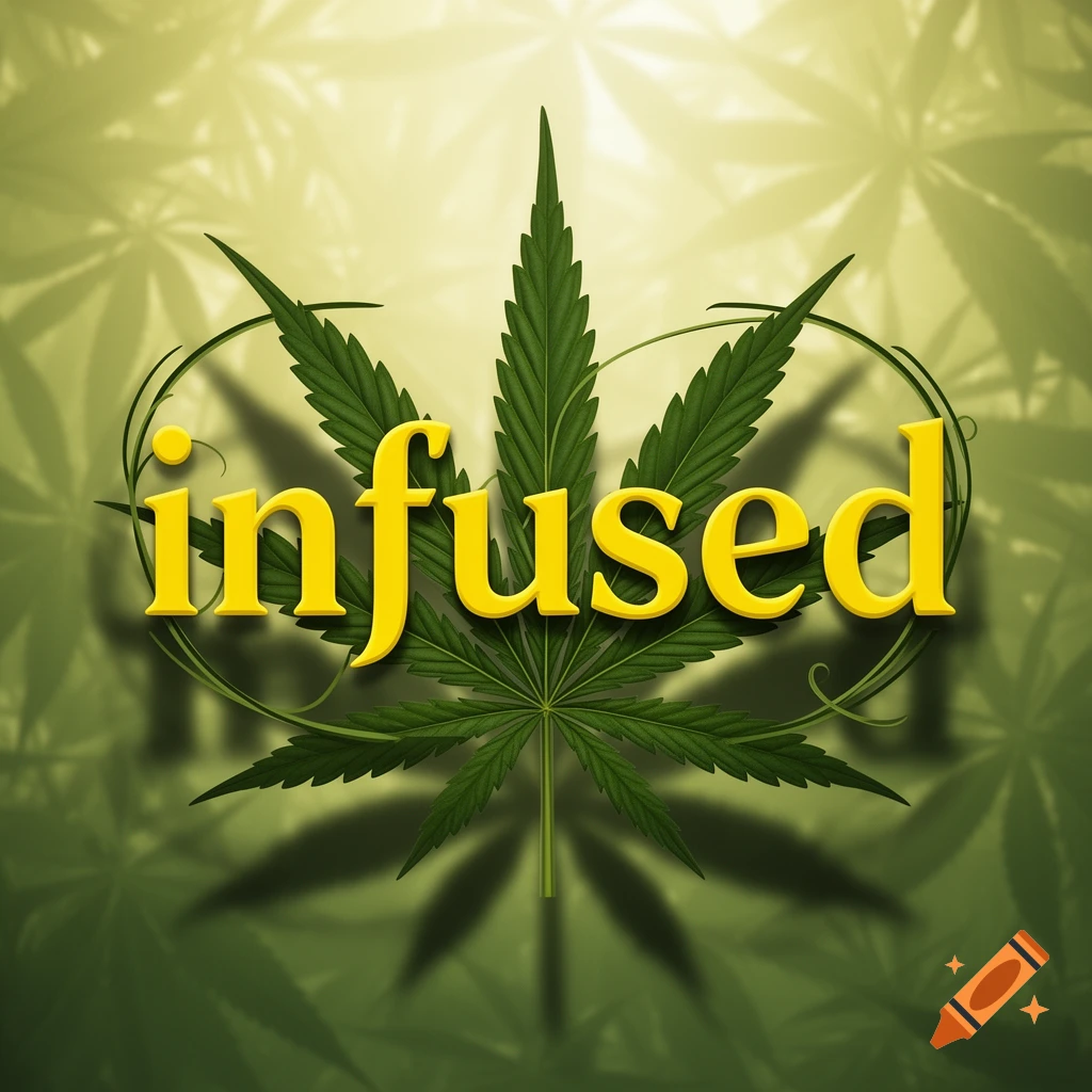 Yellow text 'infused' over a green cannabis leaf with a faded cannabis leaf background.